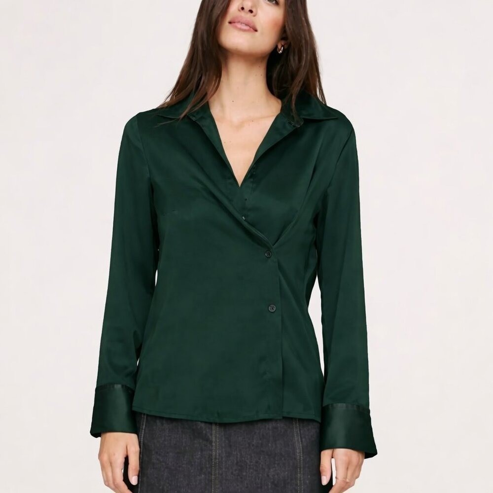 Banana Republic NEW Juniper Green Crinkle Asymmetrical Shirt SZ Large PETITE